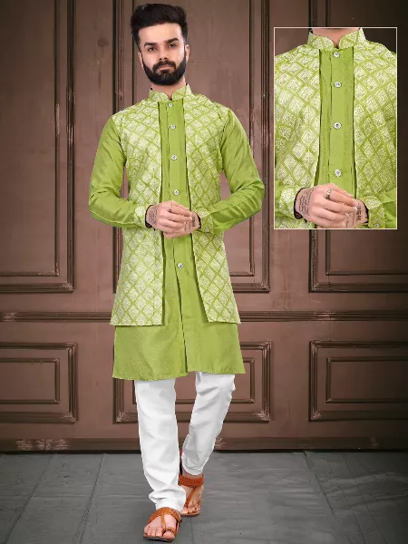 Green Mens Kurta With Attached Designer Koti and Pajama Men's Kurta for Wedding