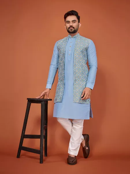 Men's Traditional Indo-Western Kurta in Sky Blue Banglori Silk With Attached Jacket