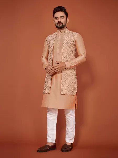 Men's Traditional Indo-Western Kurta in Peach Banglori Silk With Attached Jacket