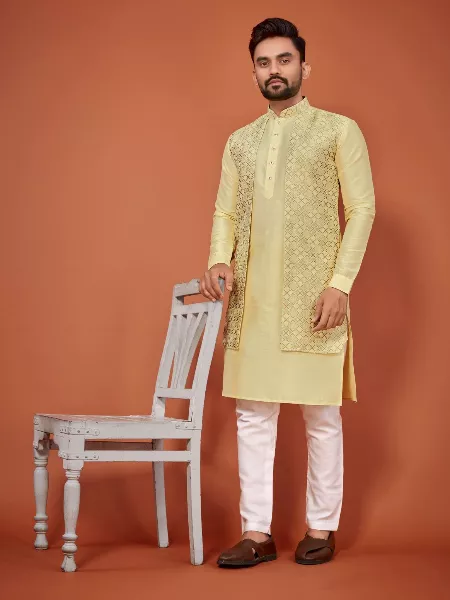 Men's Traditional Indo-Western Kurta in Cream Banglori Silk With Attached Jacket