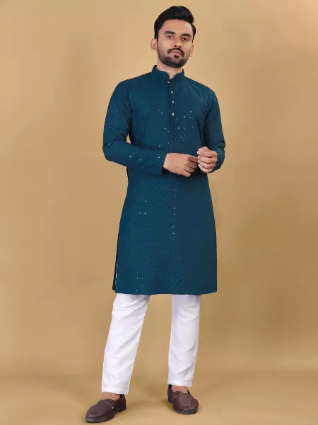 Blue Color Rayon Mens Kurta With Sequence Embroidery Work for Night Party Garba Event Mens Traditional Kurta