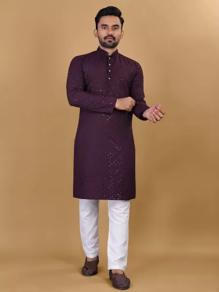 Wine Color Rayon Mens Kurta With Sequence Embroidery Work for Night Party Garba Event Mens Traditional Kurta