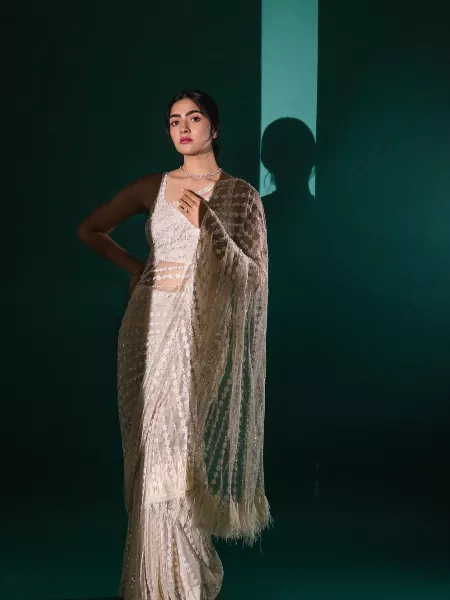 Bollywood Saree in White Mono Net With Heavy Sequence and Multi Work