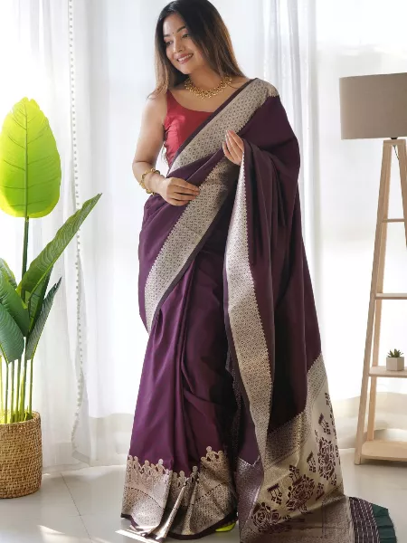 Indian Wedding Sari in Wine Color With Unique Design Pattern Indian Bridal Saree