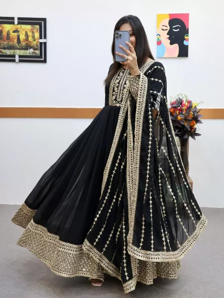 Black Color Indian Designer Gown With Embroidery in Georgette With Dupatta