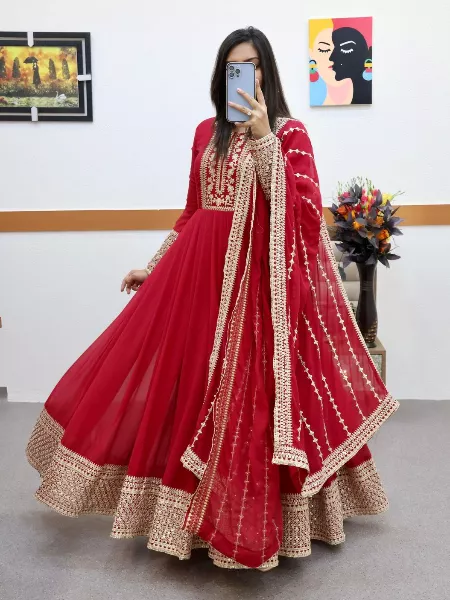 Red Color Indian Designer Gown With Embroidery in Georgette With Dupatta