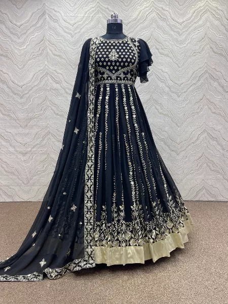 Black Color Designer Gown in Georgette With Heavy Embroidery Work and Dupatta