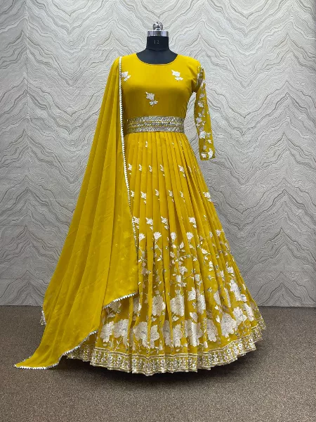 Mustard Color Georgette Gown With Embroidery Work and Dupatta