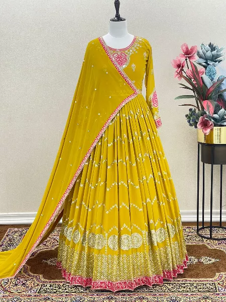 Yellow Color Heavy Designer Gown in Georgette With Sequence and Dupatta