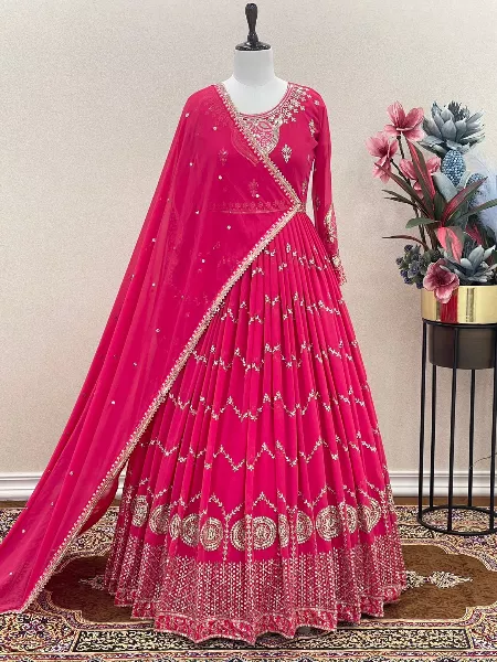 Pink Color Heavy Designer Gown in Georgette With Sequence and Dupatta