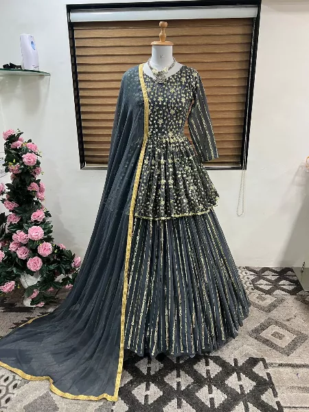 Grey Color Indo Western in Georgette With Heavy Embroidery Work and Dupatta