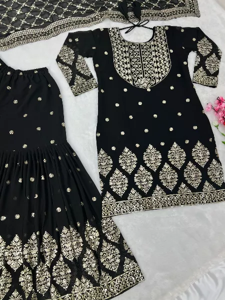 Black Color Heavy Top Sharara Suit With Dupatta and Sequence Work