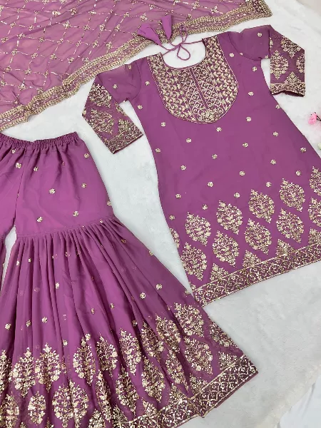 Dusty Pink Color Heavy Top Sharara Suit With Dupatta and Sequence Work