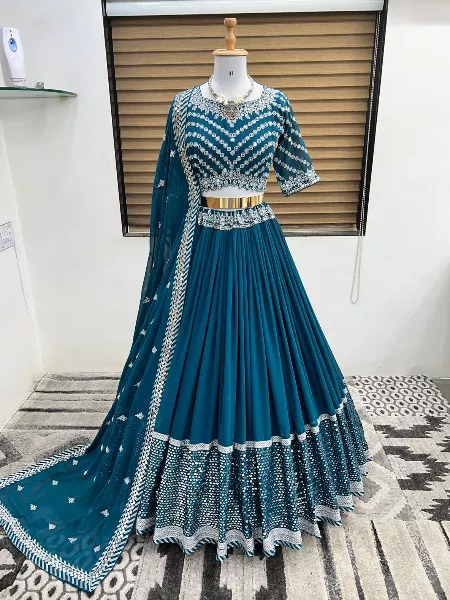 Rama Color Lehenga Choli in Georgette With Readymade Blouse and Semi Stitched Lehenga