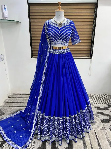 Royal Blue Color Lehenga Choli in Georgette With Readymade Blouse and Semi Stitched Lehenga