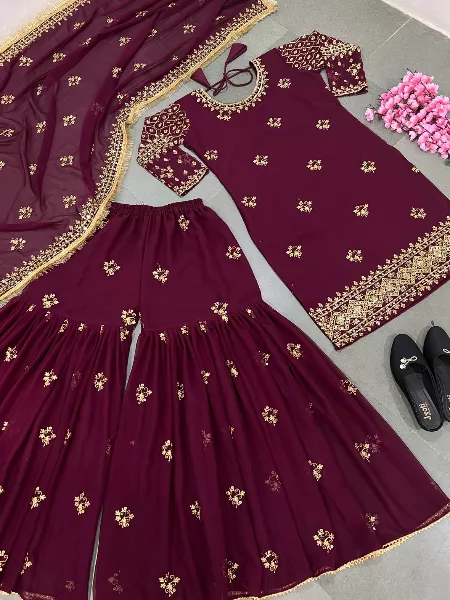 Maroon Color Designer Embroidery Work Top Sharara Set With Dupatta