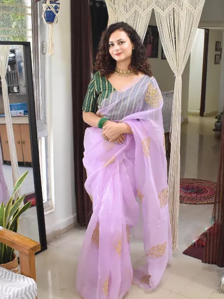 Lavender Color Organza Saree With Readymade Blouse and Sequence Embroidery Work