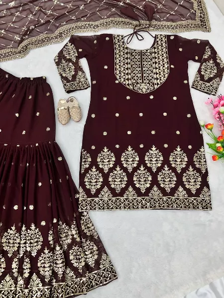 Maroon Color Heavy Top Sharara Suit With Dupatta and Sequence Work