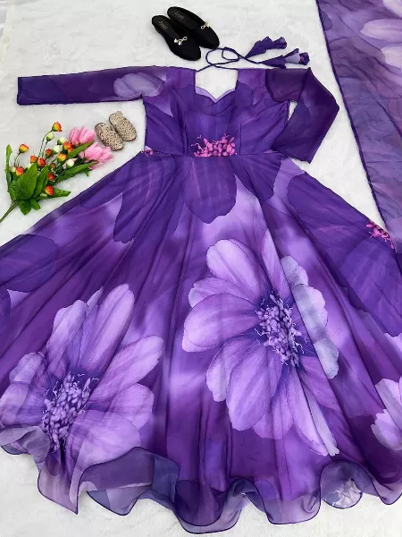 Purple Color Party Wear Gown in Georgette With Digital Print and Dupatta