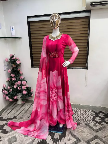 Pink Color Party Wear Gown in Georgette With Digital Print and Dupatta