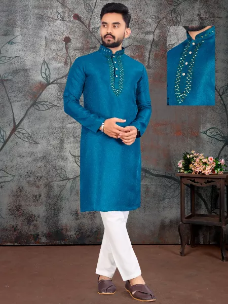Rama Color Silk Men's Traditional Kurta Pajama With Original Mirror Work