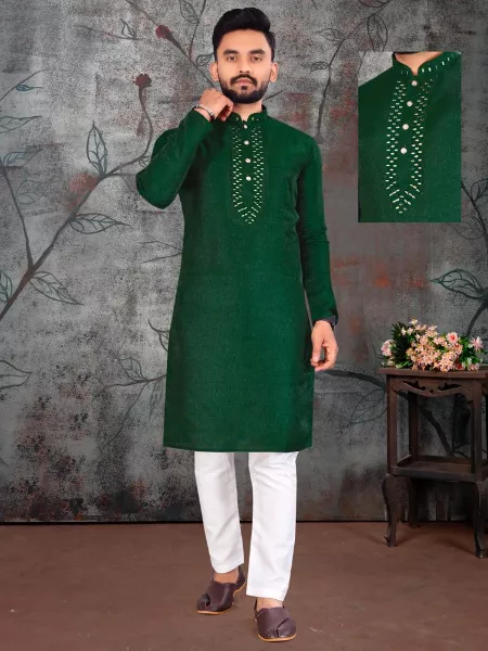 Green Color Silk Men's Traditional Kurta Pajama With Original Mirror Work
