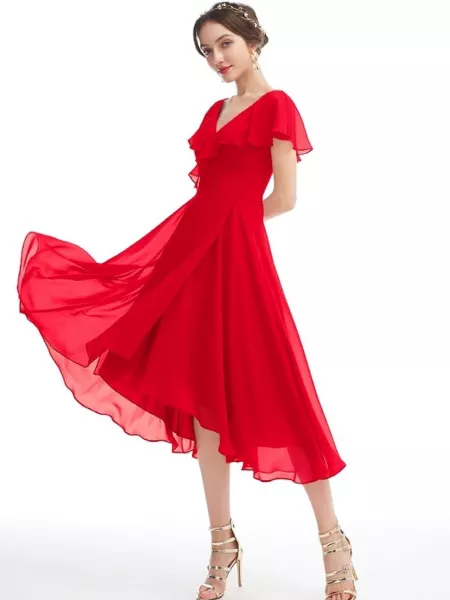 Red Color V Neck Women's Western Dress in Georgette for Party Wear