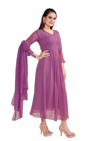 Dusty Wine Anarkali Kurti With Dupatta Set and Sequence Embroidery Work