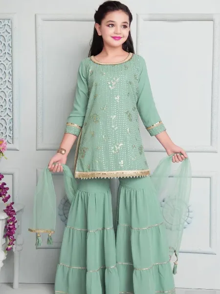 Designer Kids Sharara and Top Pair in Georgette With Sequence Embroidery