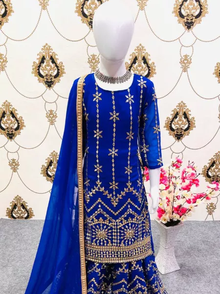 Royal Blue Designer Kids Sharara and Top Pair in Georgette With Sequence Embroidery