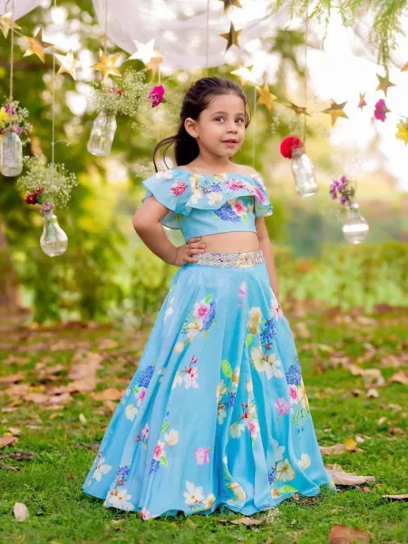 Sky Blue Floral Print Designer Kids Lehenga Choli in Malai Satin Indian Kids Traditional Lehenga