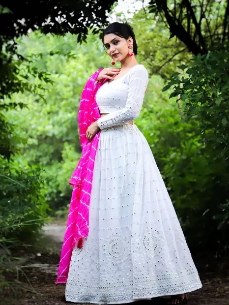 White Color Indian Designer Lehenga Choli With Paper Mirror Embroidery Work