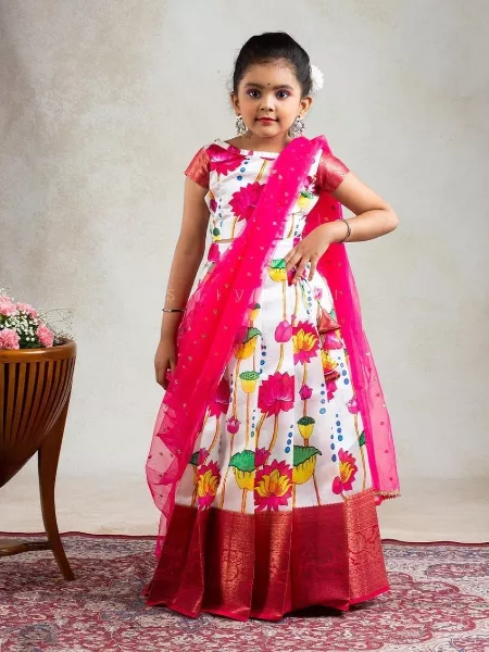 Kids Pavadai Dhavani in Pink Lichi Silk With Dupatta Kids Lehenga Choli
