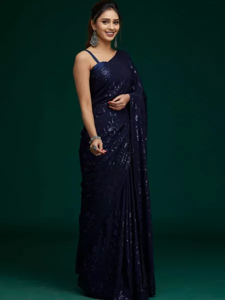 Navy Blue Color Soft Shiny Chinon Silk Saree With Cross Sequence Work and Blouse