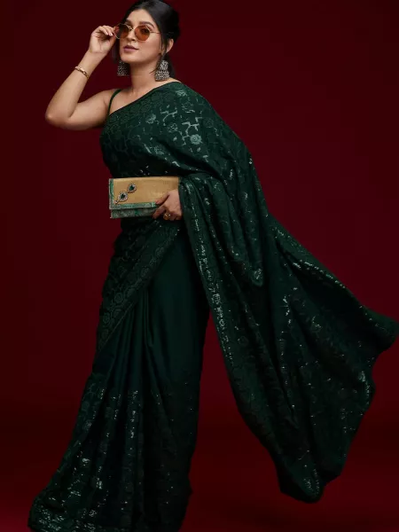 Green Color Soft Shiny Chinon Silk Saree With Cross Sequence Work and Blouse
