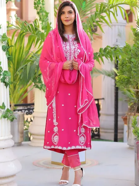 Pink Color Top Pent Set With Designer Embroidery for Festival Wear With Dupatta