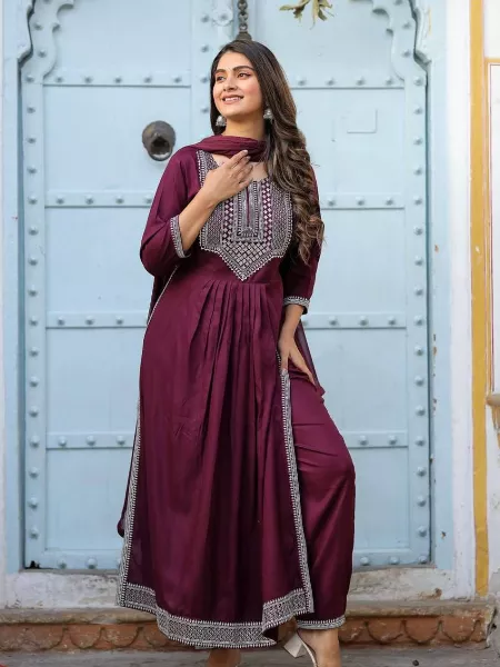 Wine Color Kurti Pent With Dupatta Set in Rayon for Festival and Daily Wear