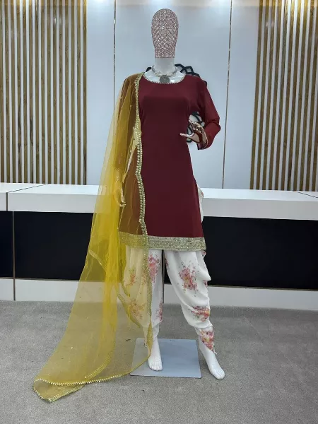 Maroon Patiyala Suit in Georgette With Dhoti and Dupatta With Sequence Work