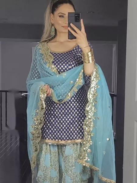 Navy Blue Punjabi Patiyala Suit in Georgette With Dhoti and Dupatta With Sequence Work