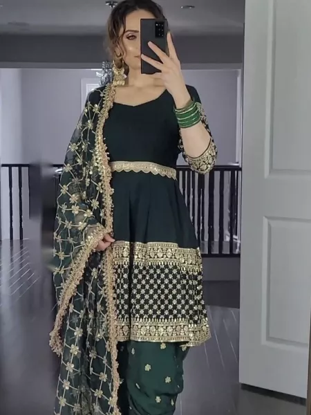Green Color Georgette Punjabi Patiyala Suit With Dhoti and Dupatta With Sequence Work