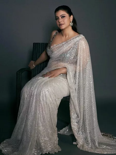 Kajol Saree in White Mono Net With Beautiful Sequence Work Bollywood Saree
