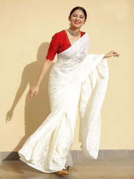 White Color Saree With Red Blouse With Embroidery Sequence and Stone Work