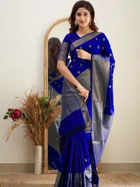 Royal Blue Bridesmaid Saree in Lichi Silk With Blouse Indian Sari