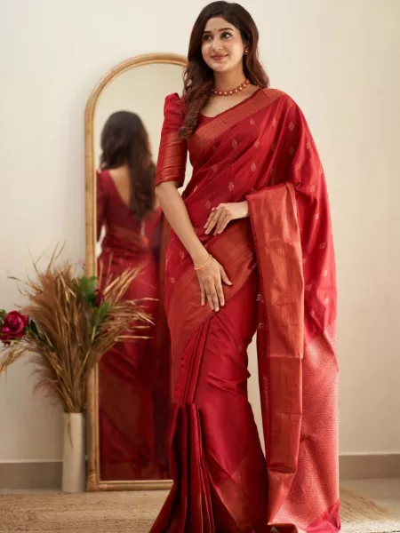 Red Bridesmaid Saree in Lichi Silk With Blouse Indian Sari