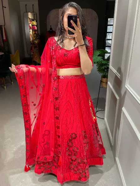Red Net Lehenga Choli With Sequence Work for Indian Weddings and Bridal