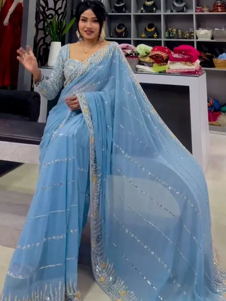 Sky Blue Designer Wear Sequence Embroidery Work Saree With Work Blouse