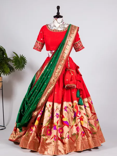 Red Color Paithani Jacquard Silk Lehenga Choli With Heavy Hand Work Blouse