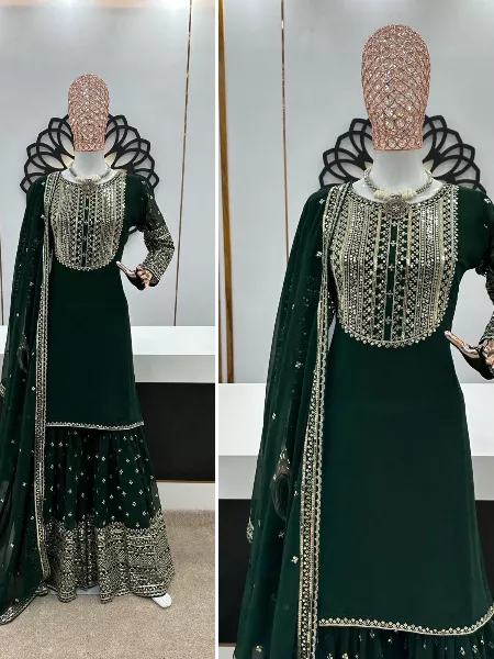 Green Designer Party Wear Top and Sharara With Dupatta and Embroidery Sequence Work