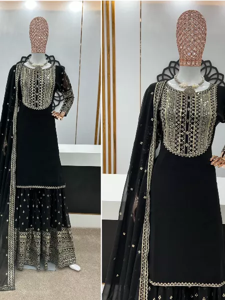 Black Designer Party Wear Top and Sharara With Dupatta and Embroidery Sequence Work