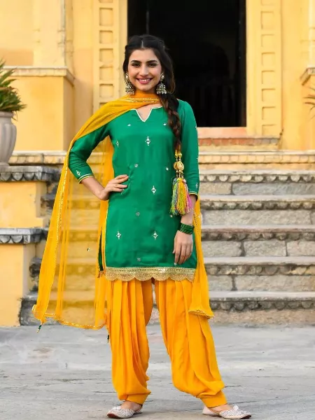Green Color Kurti and Yellow Patiyala Suit With Embroidery Work and Dupatta